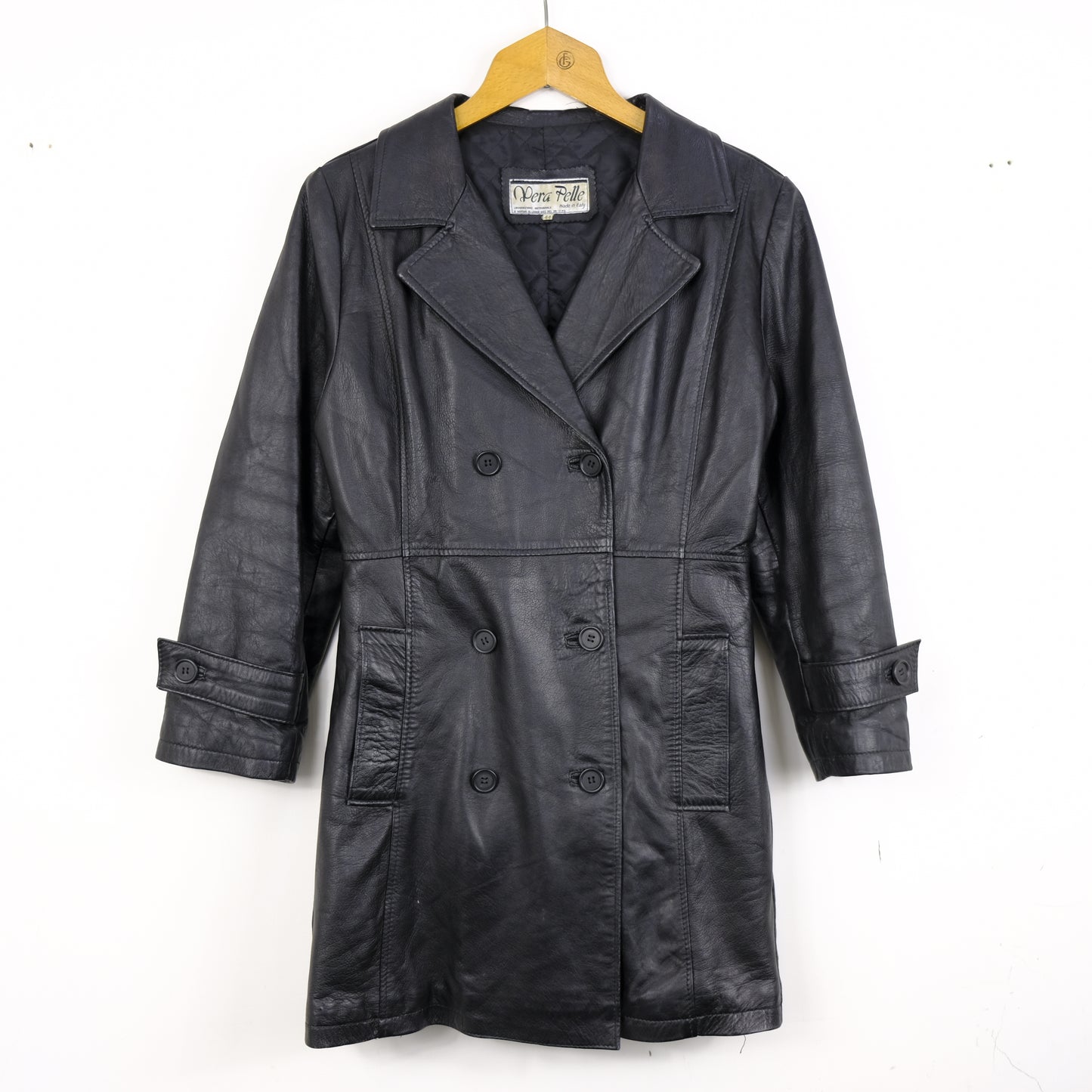 Vera Pelle Giacca Vintage Taglia 44 Nero
